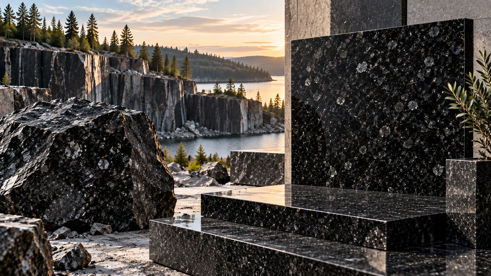 Karelian Black granite slab — dense black stone with an even close grain, polished finish