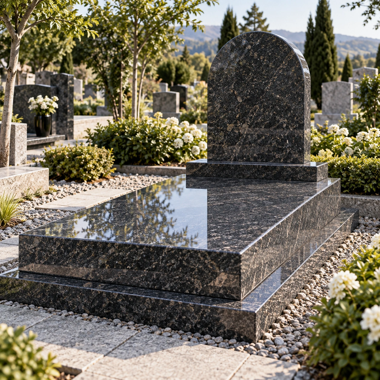 Full cover granite tombstone over a grave with a headstone