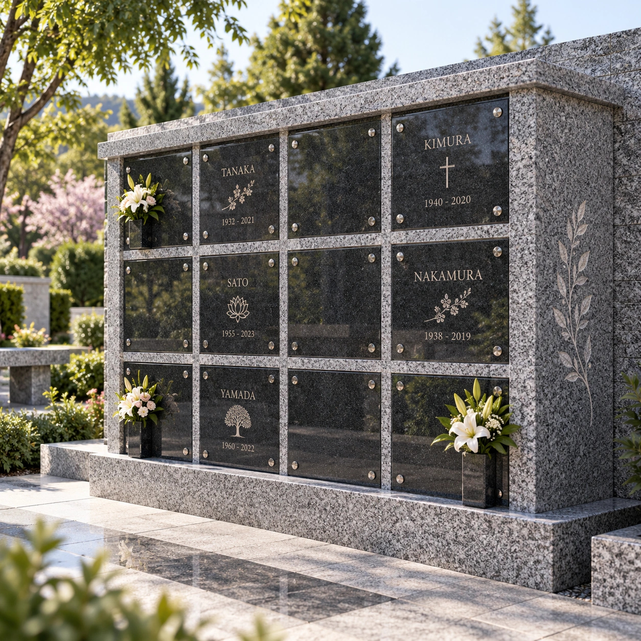 Granite columbarium niche fronts in a bank