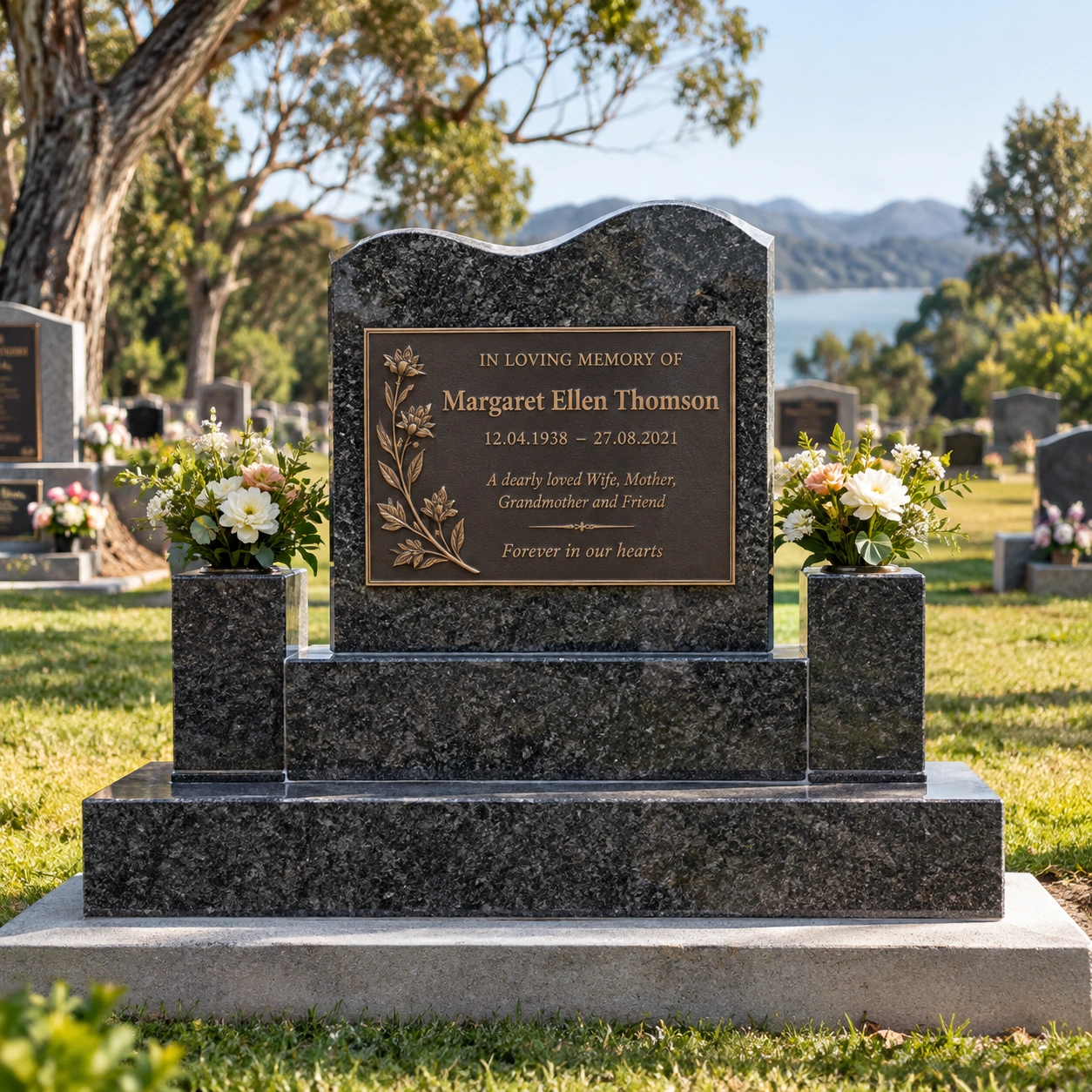 Granite headstone and bronze-style plaque for an Australian cemetery