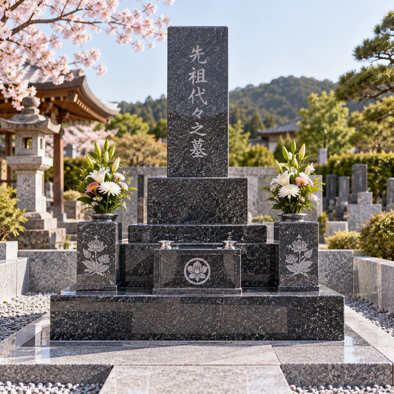 Japanese ohaka granite memorial set with base tiers and vases
