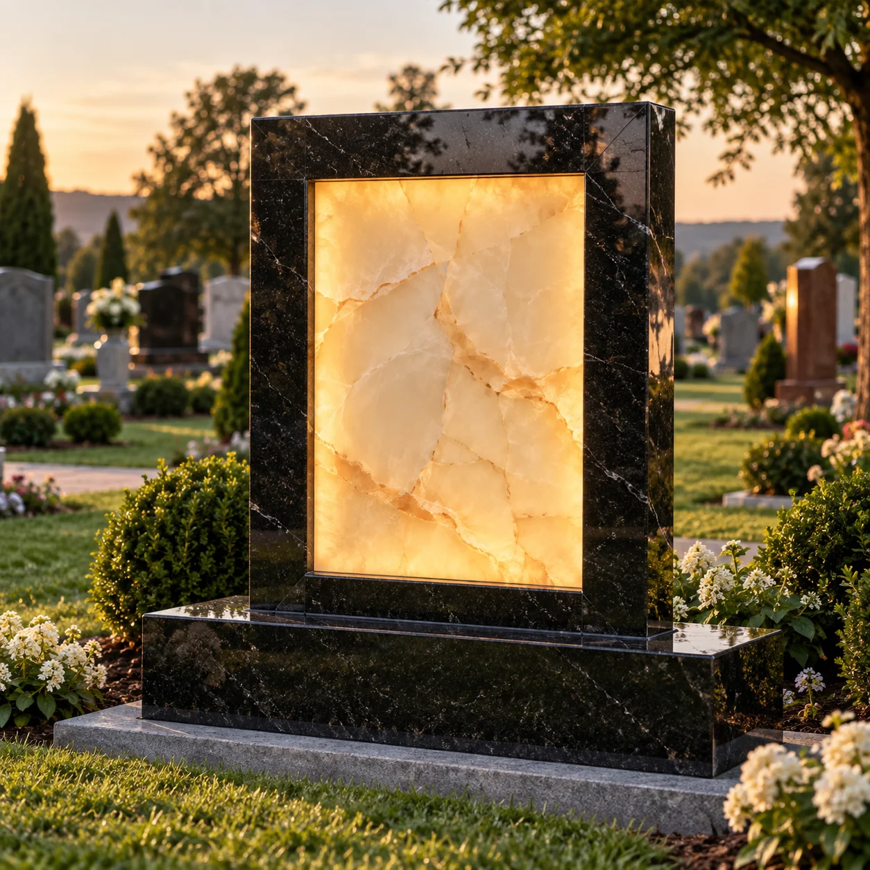 Backlit translucent onyx memorial panel in a granite frame