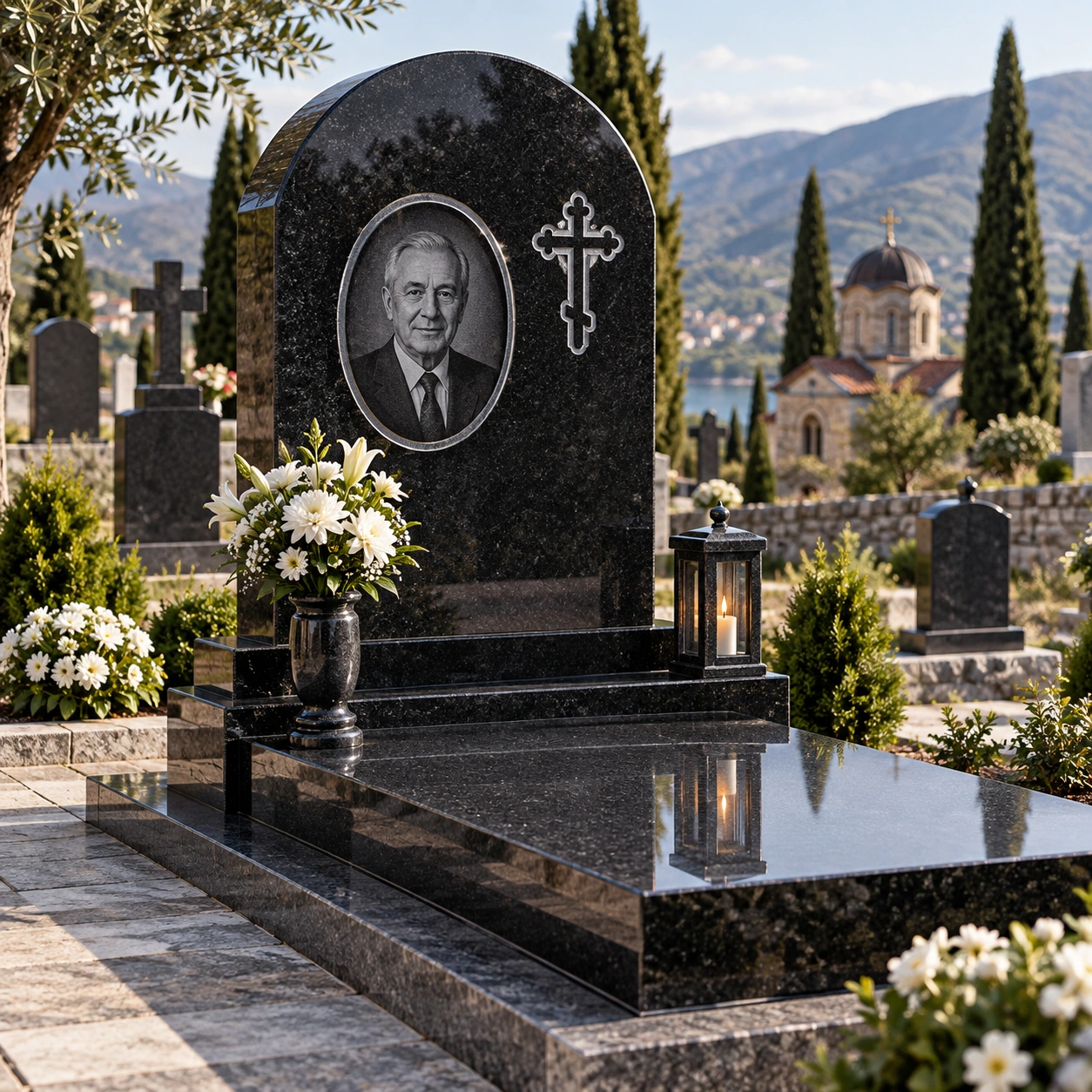 Balkan memorial style in granite — portrait on black granite