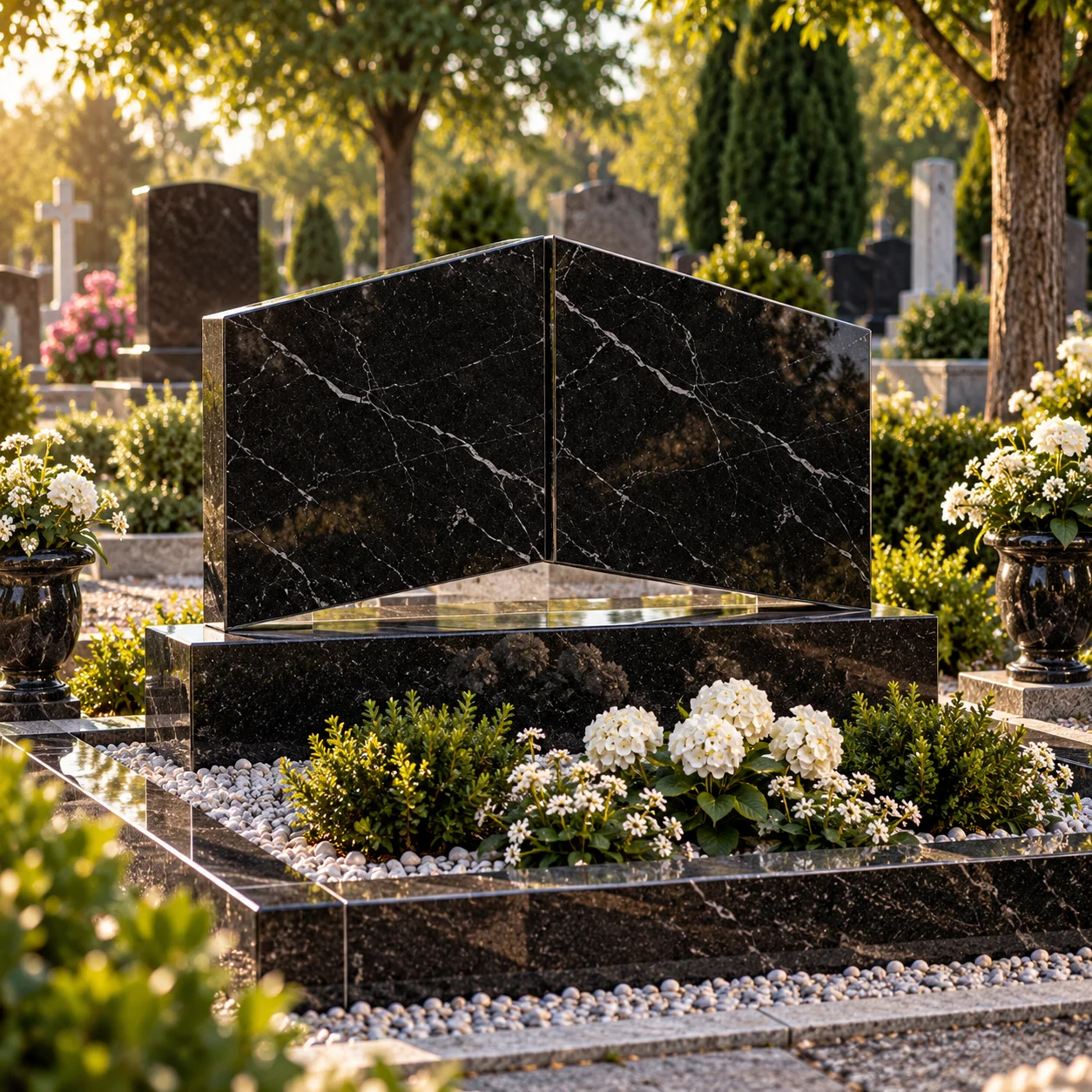 Open book granite headstone with two inscription faces on a base