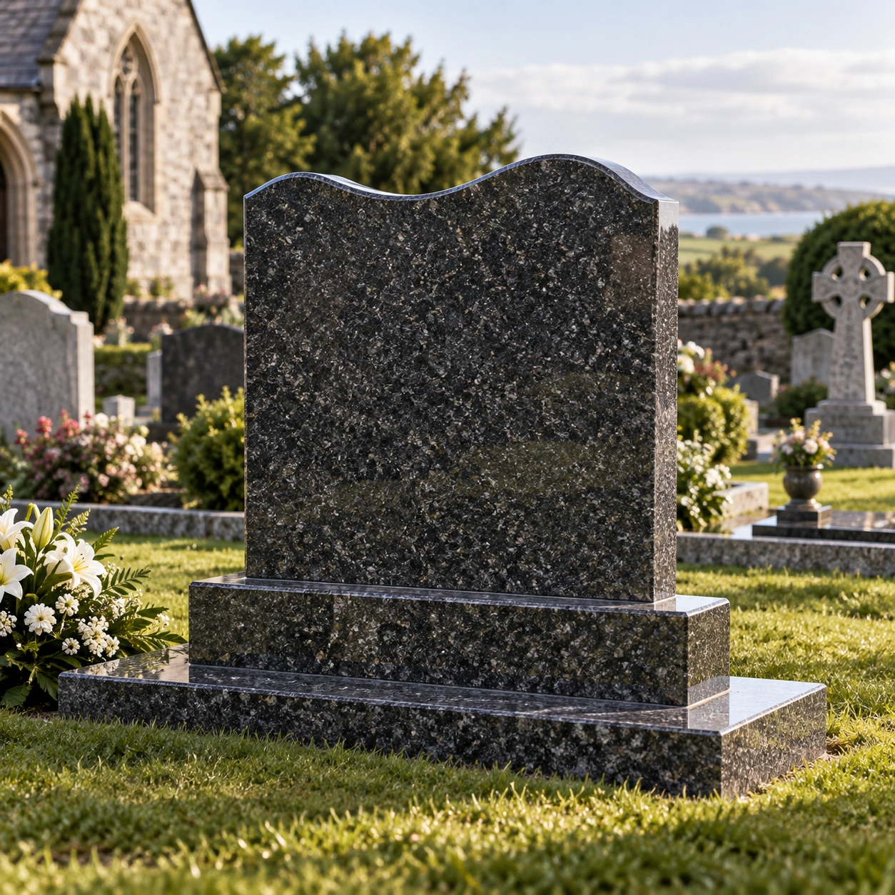 British and Irish memorial style in granite — headstone on a base
