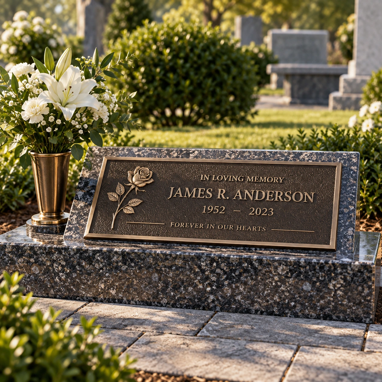 Bronze memorial marker set flush into a granite base