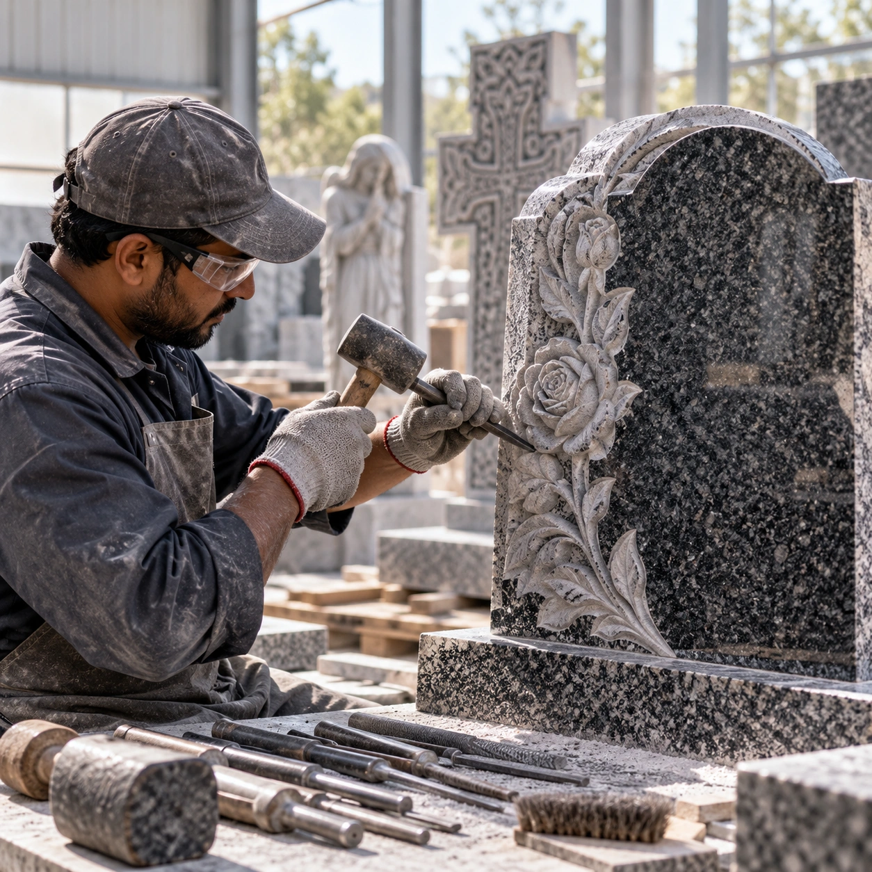 Carver hand finishing ornament on a granite memorial at the works