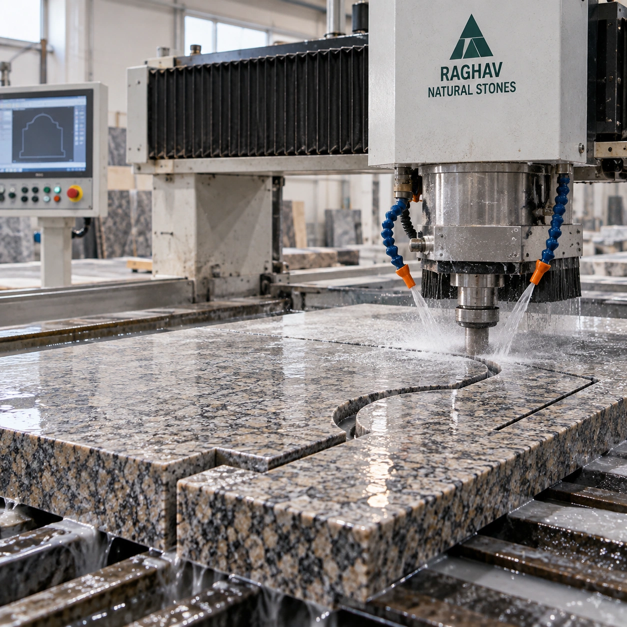 CNC bridge saw cutting a granite piece to shape from the production drawing