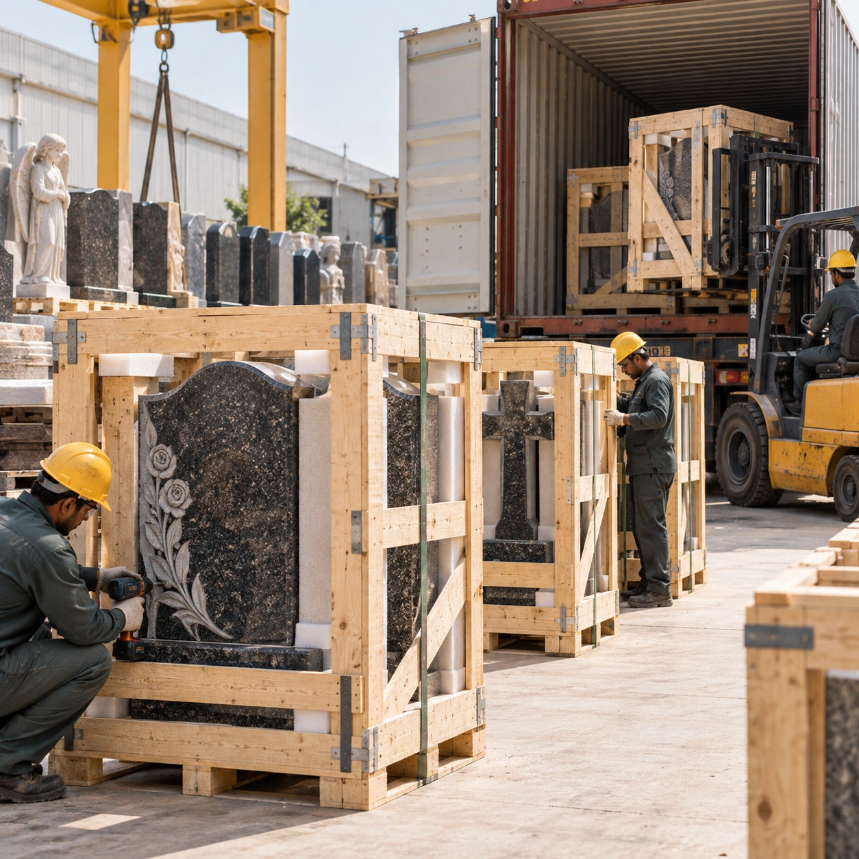 Fumigated granite crates being built, numbered and loaded into a container