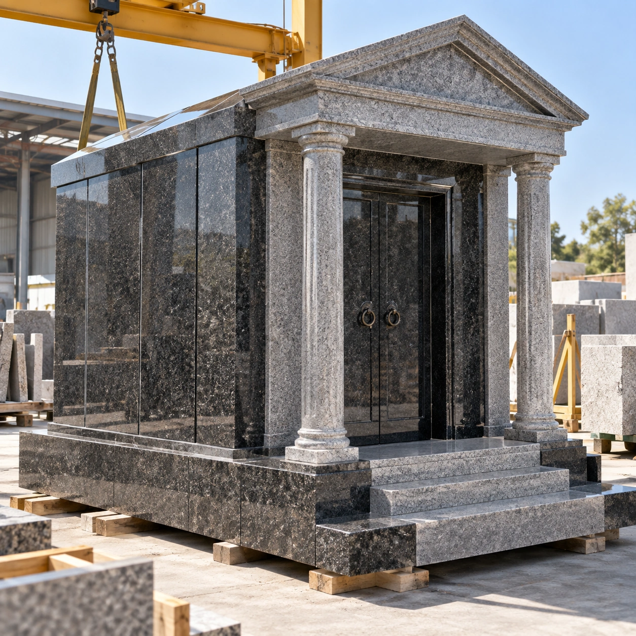 Granite mausoleum dry assembled in the works yard before crating