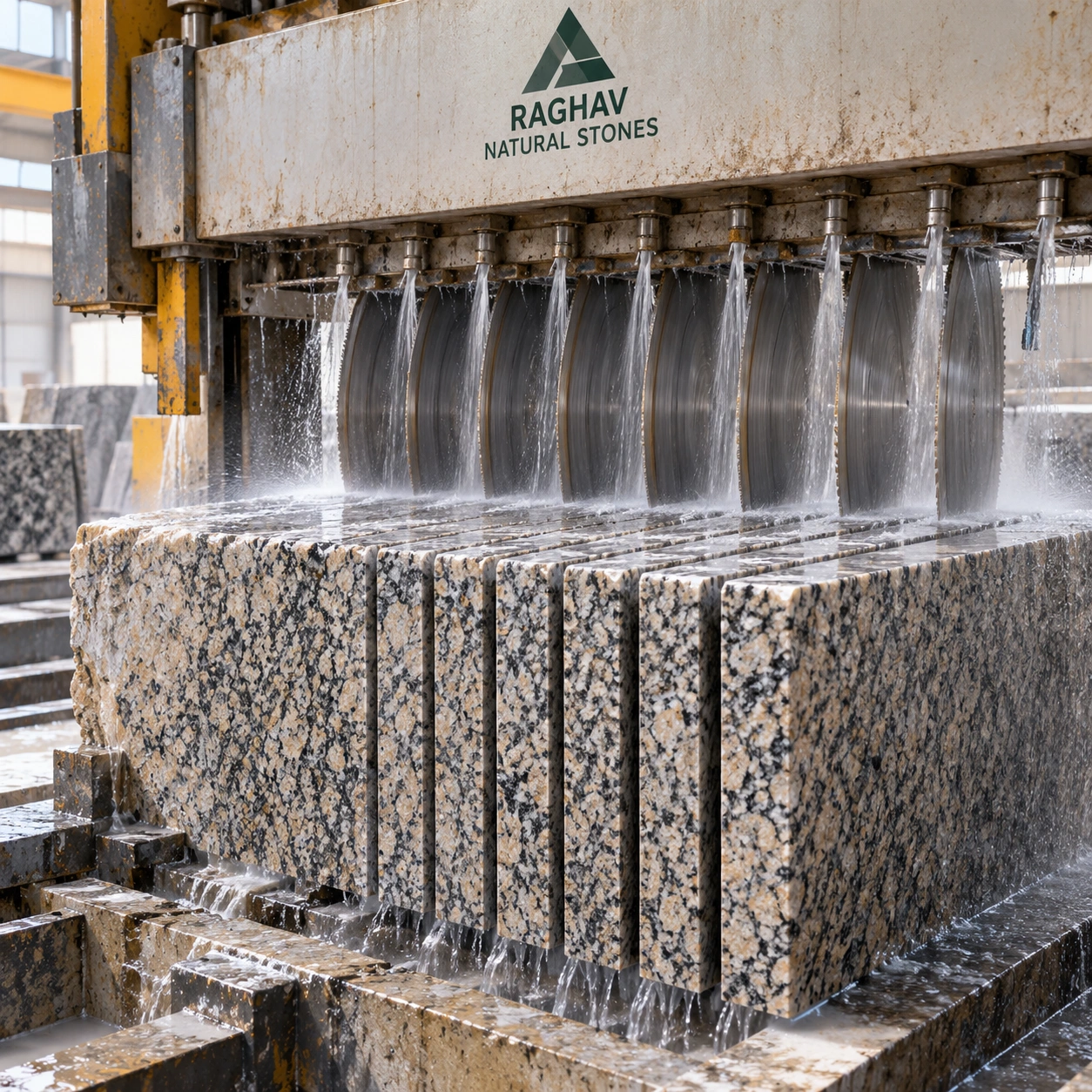 Multi-blade gangsaw cutting a granite block into full-width slabs