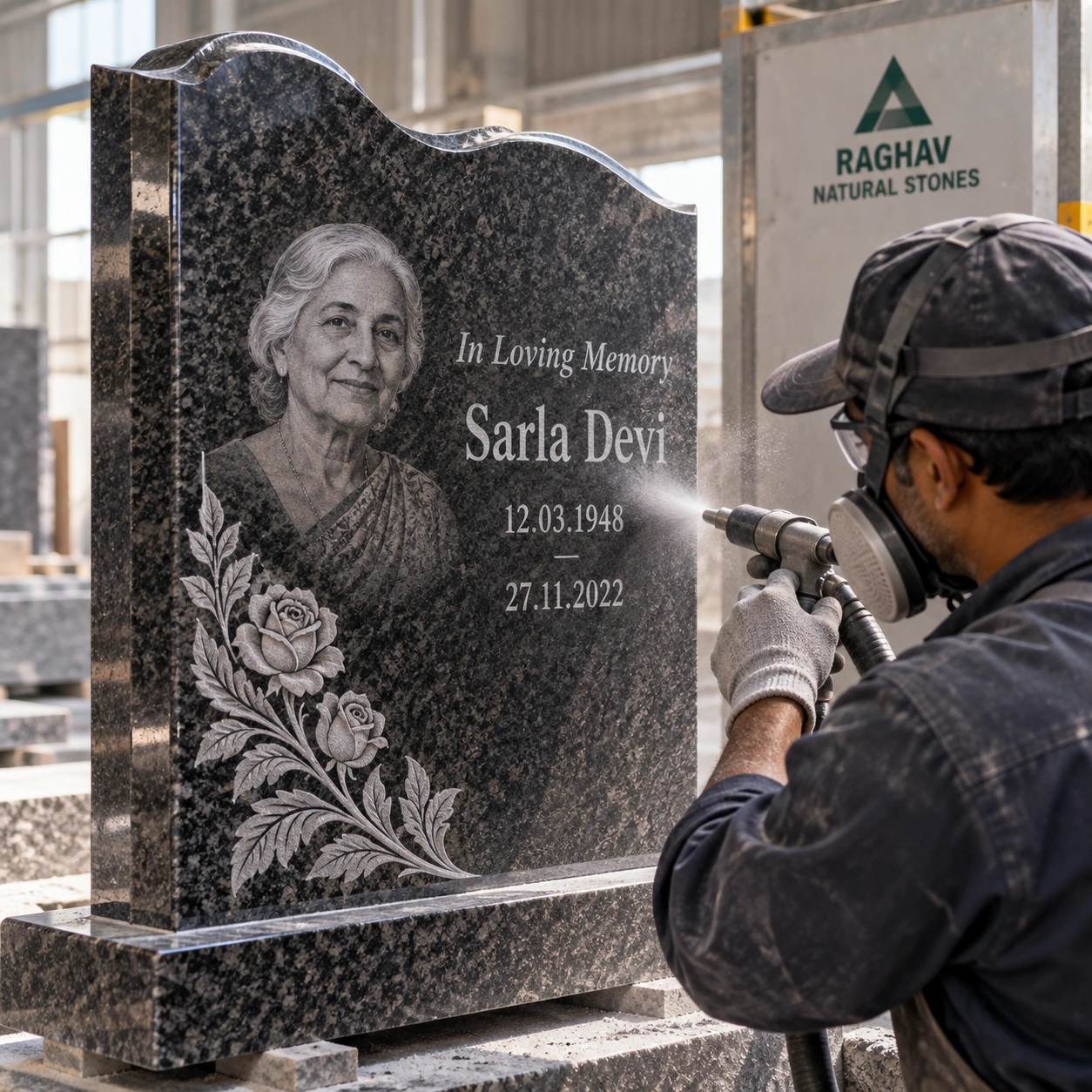 Sandblasting bay with a stencilled granite panel being lettered