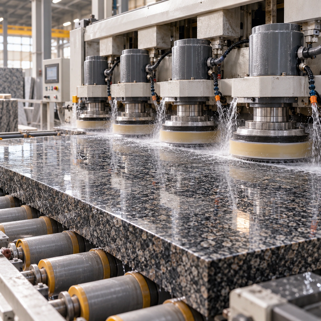 Automatic polishing line running abrasive heads across a granite slab