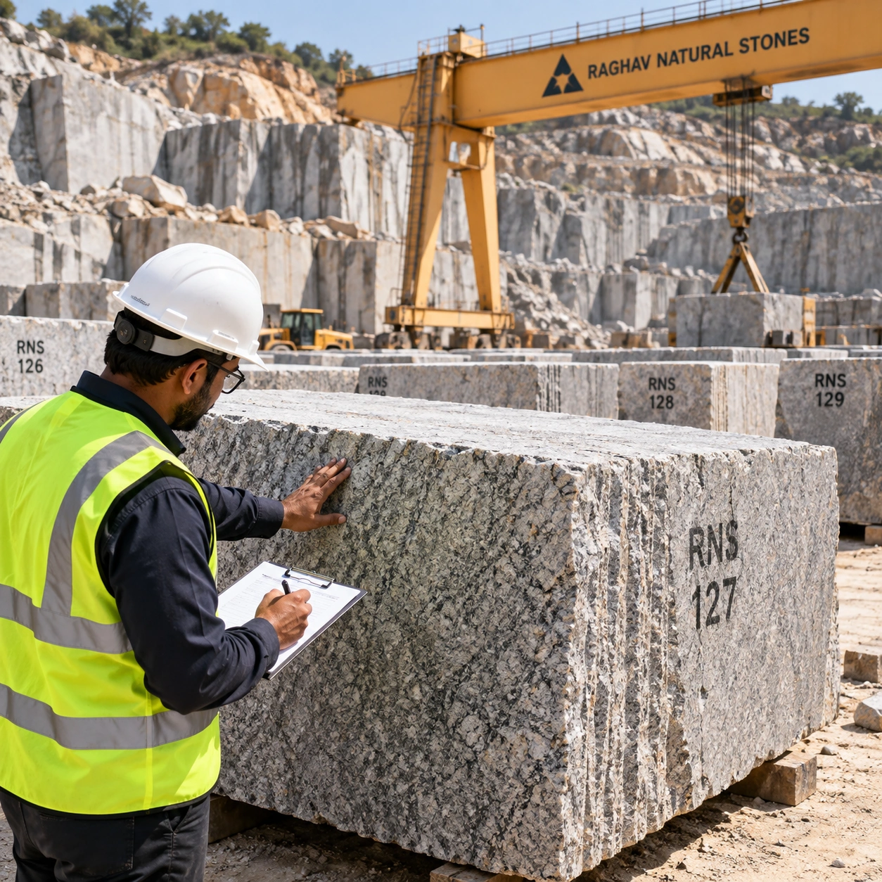 Granite blocks in the block yard, marked and stacked ready for sawing