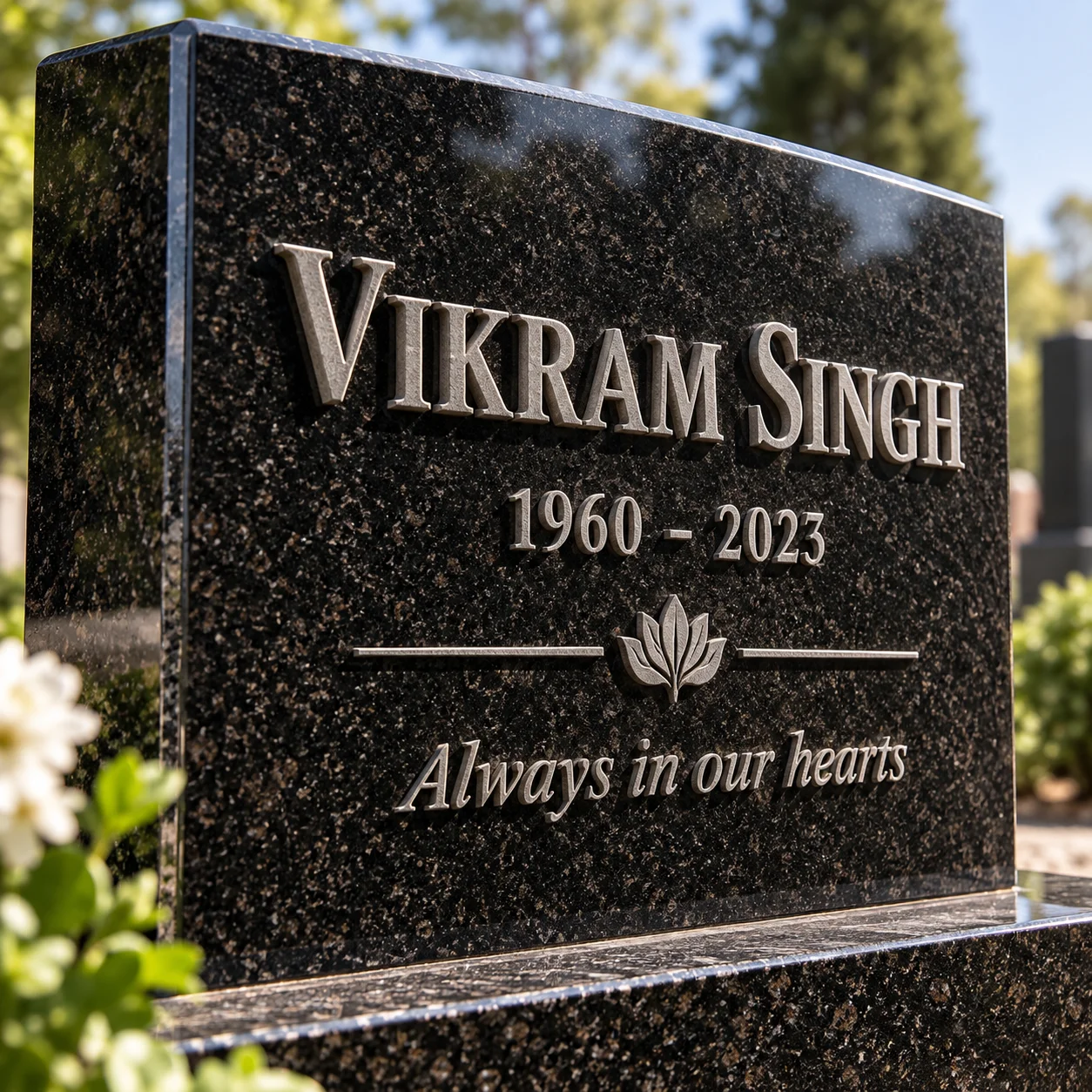Carved relief lettering standing proud on a granite panel