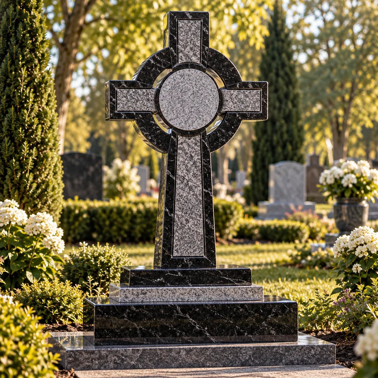 Celtic granite cross with a stone ring and carved interlace