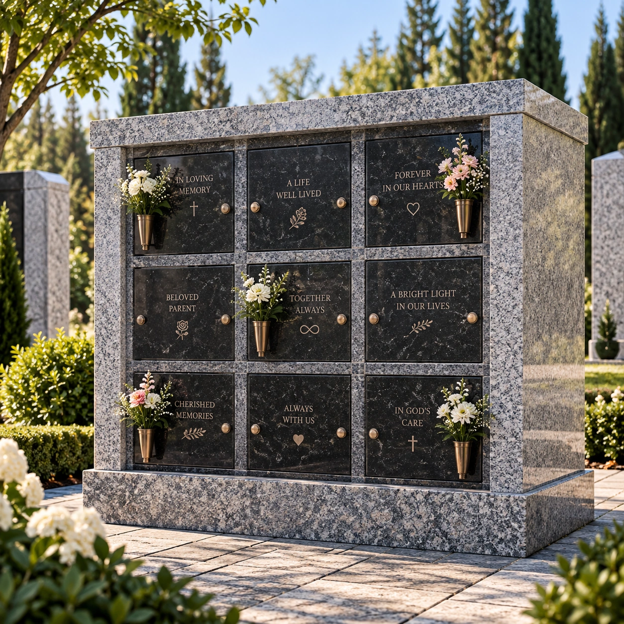 Granite columbarium with a bank of cremation niches