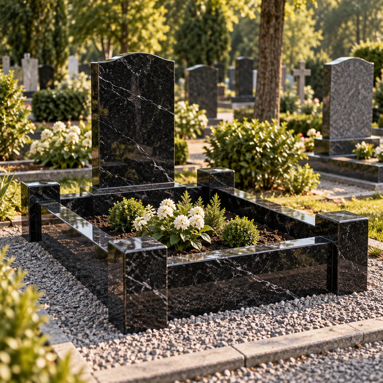 Granite corner posts with kerb runs between them around a grave