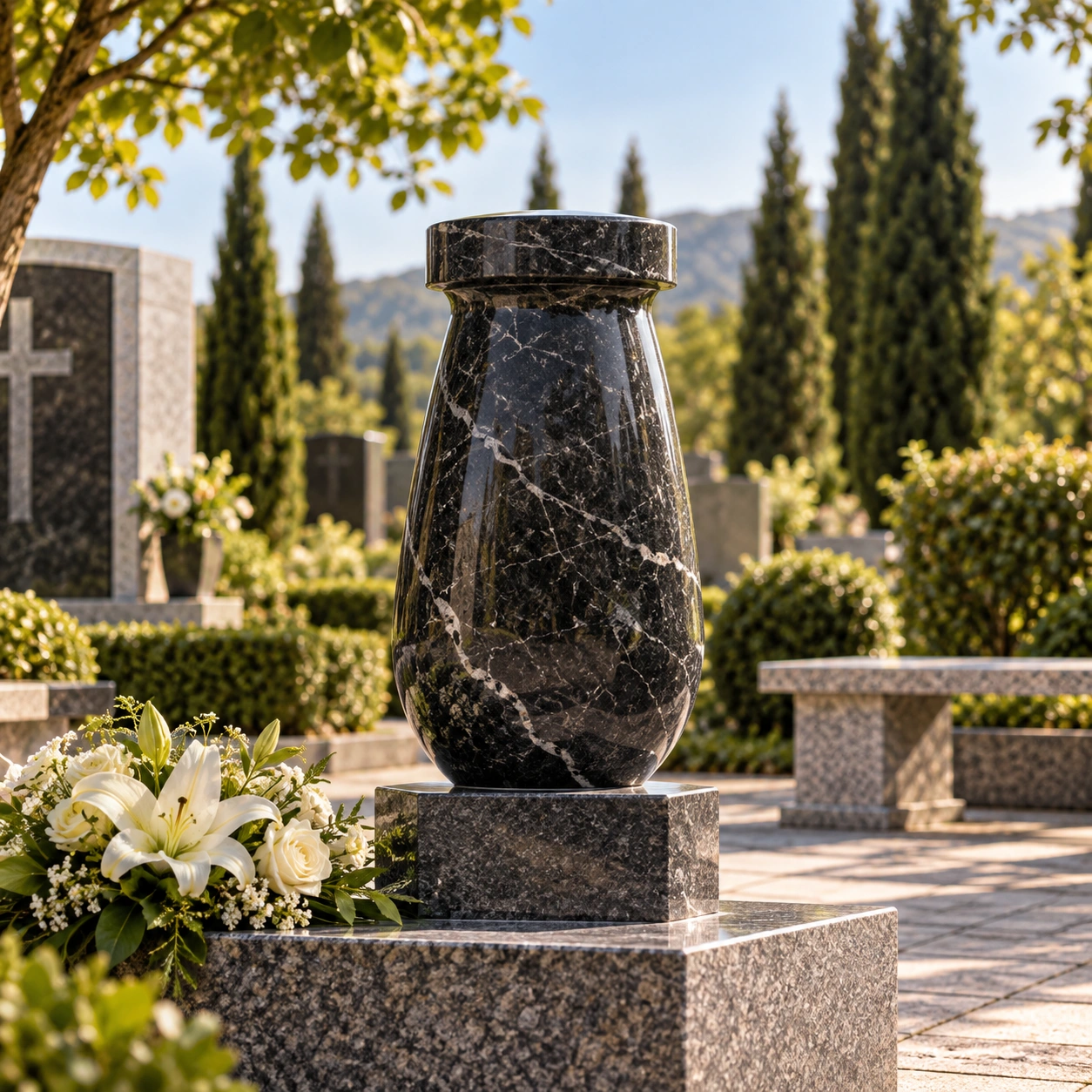 Polished granite cremation urn with a sealed base
