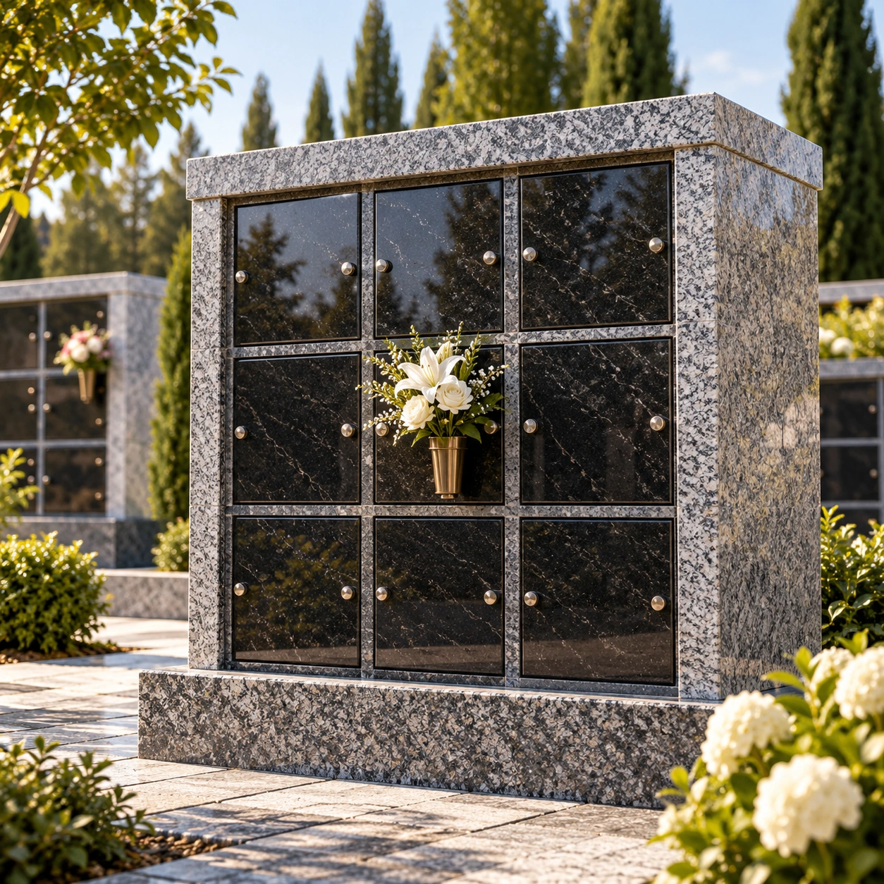 Granite cremation niche with an engraved front