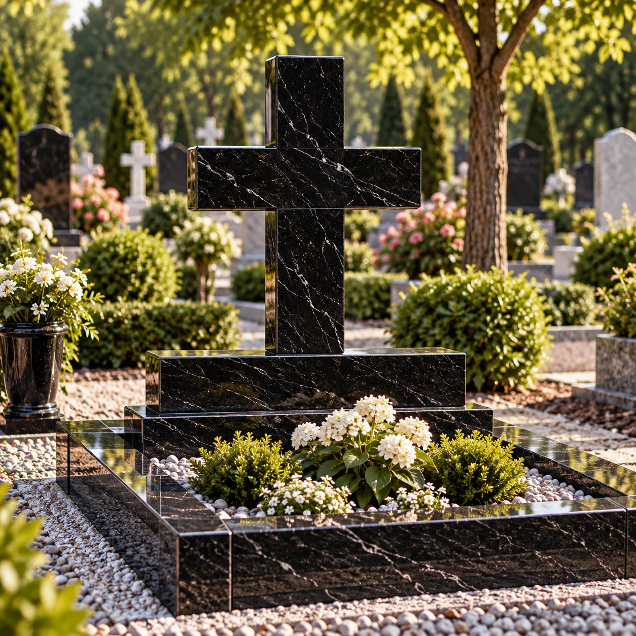 Granite cross headstone cut in one piece on a polished base