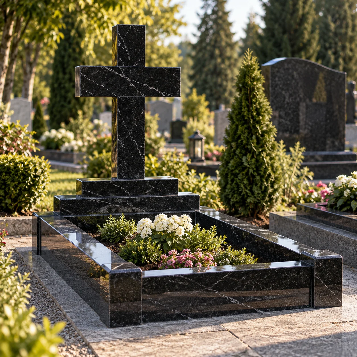 Granite cross with base and a full kerb surround around the grave