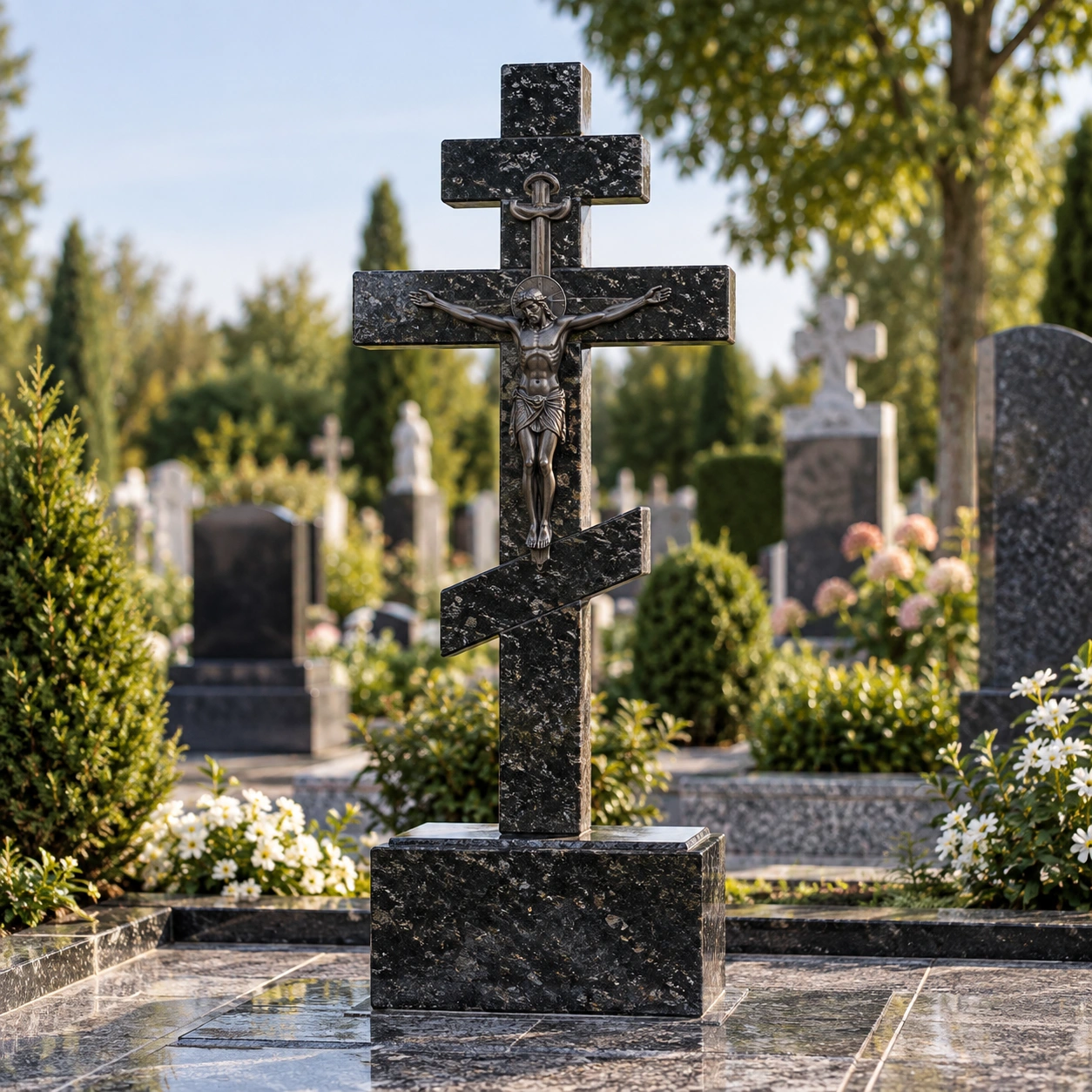 Granite crucifix cross with a carved corpus in relief