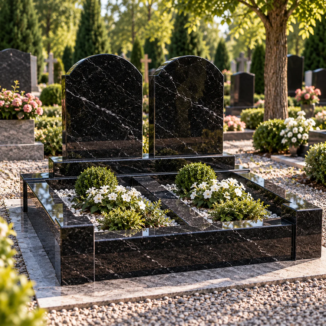 Granite kerb set spanning a double grave with two headstones
