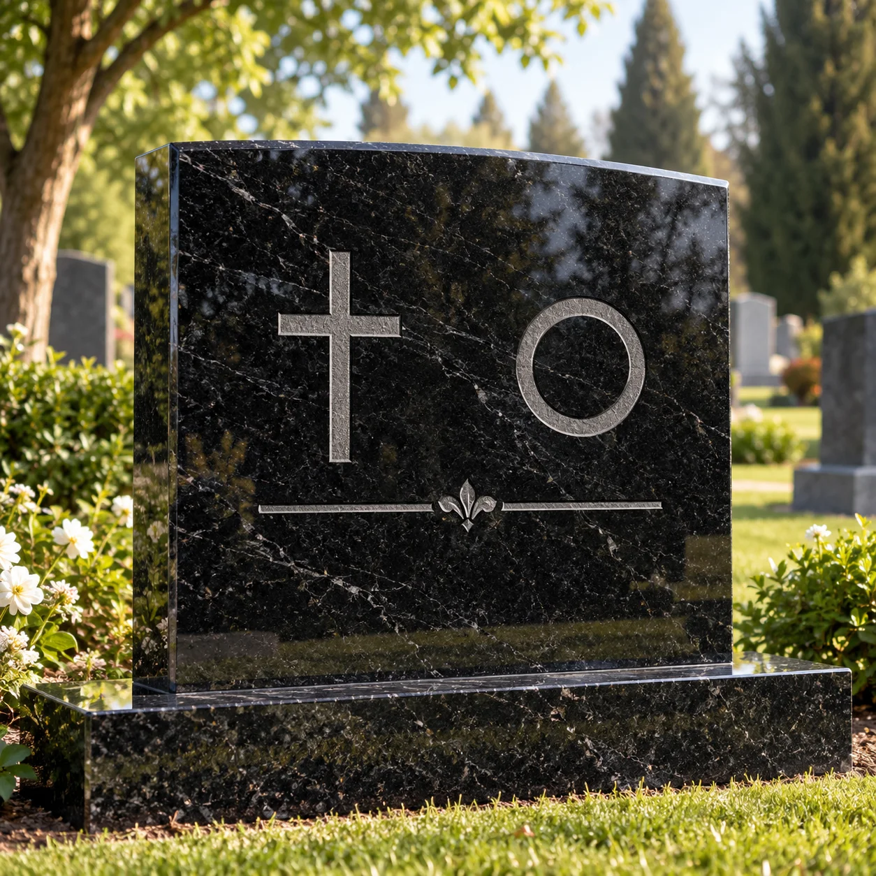 Carved emblems and symbols on a granite memorial