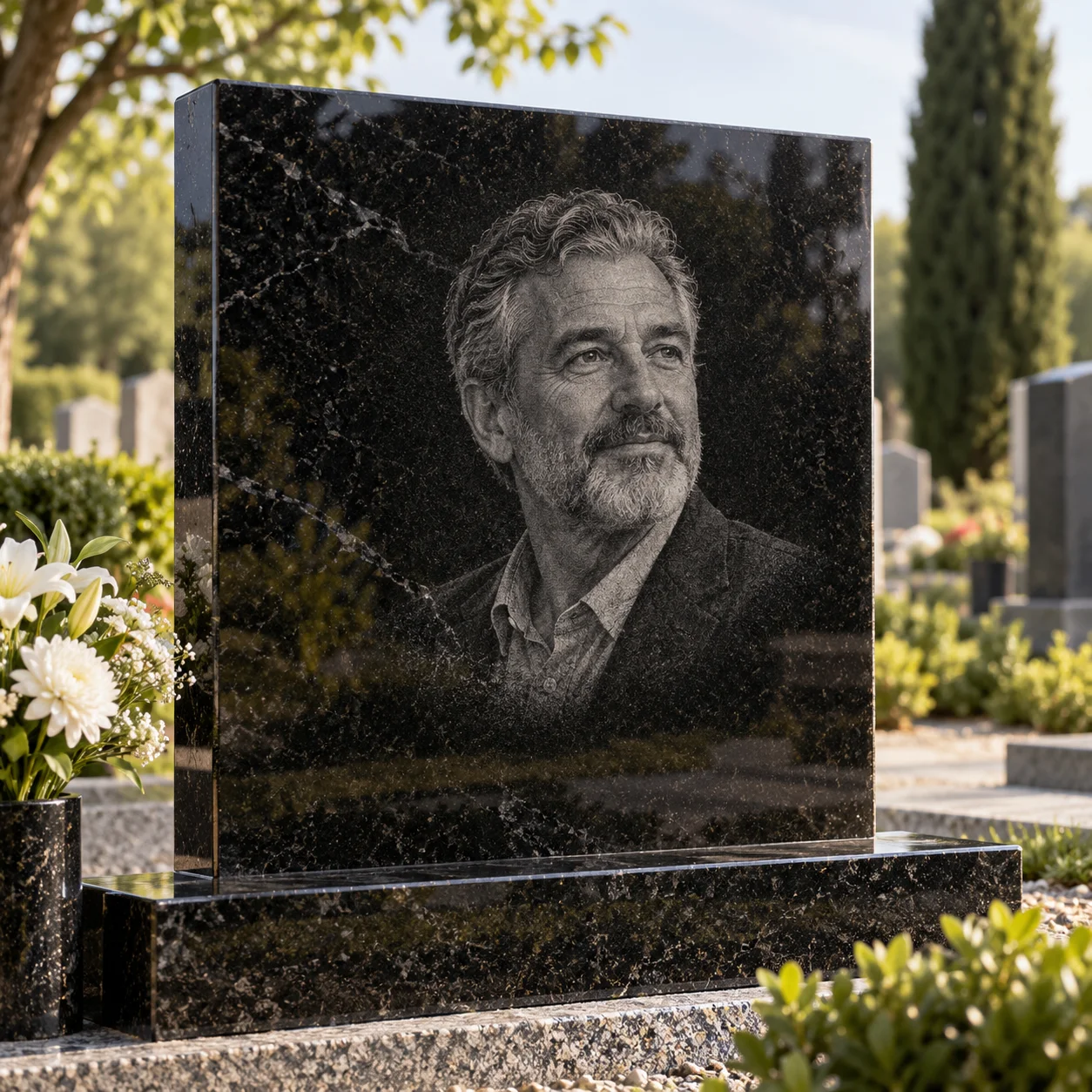 Etched photographic portrait on a black granite memorial panel