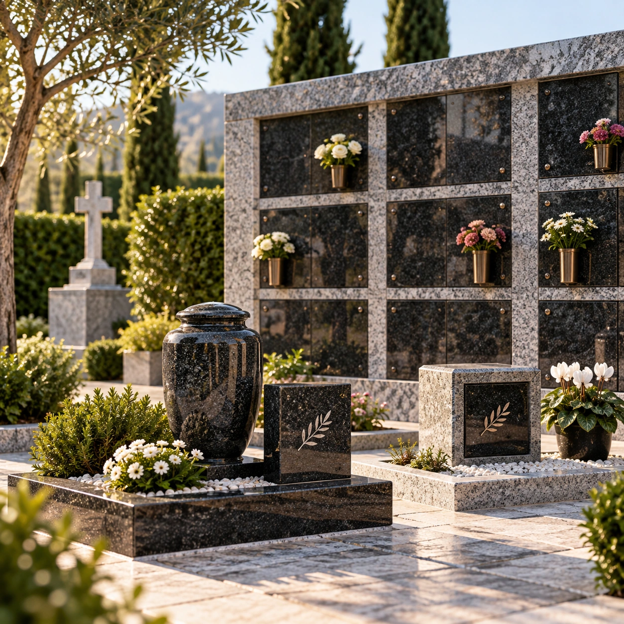 Cremation and urn memorial style in granite — niches, urn walls, small plots