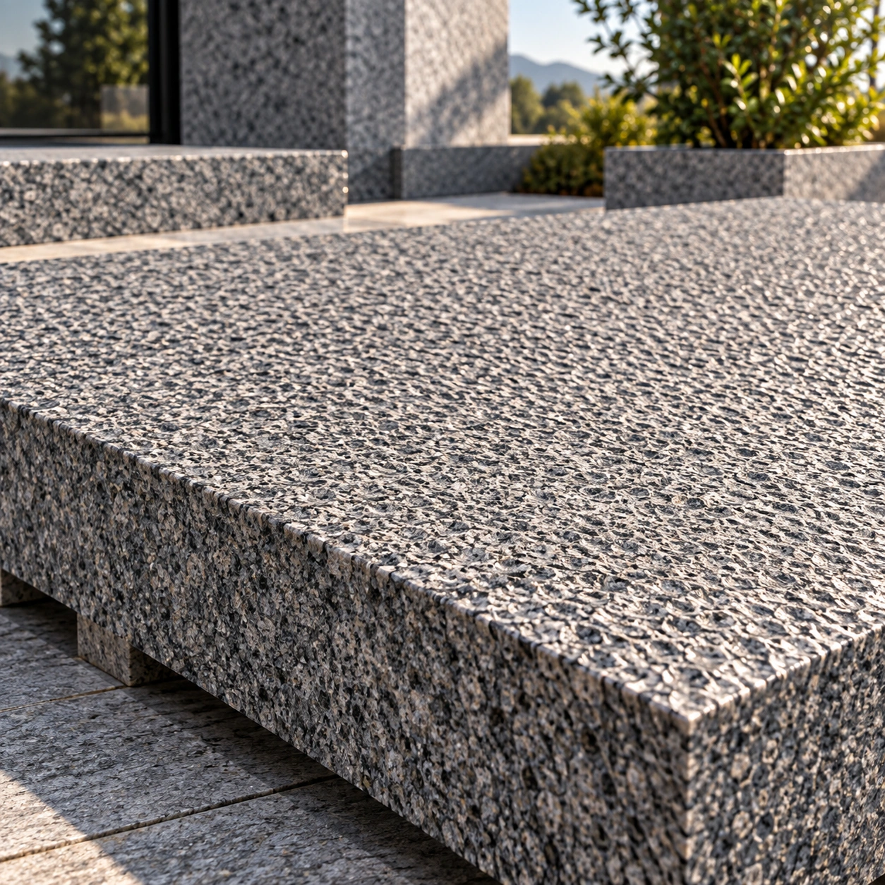 Bush-hammered finish on granite — pitted, even surface
