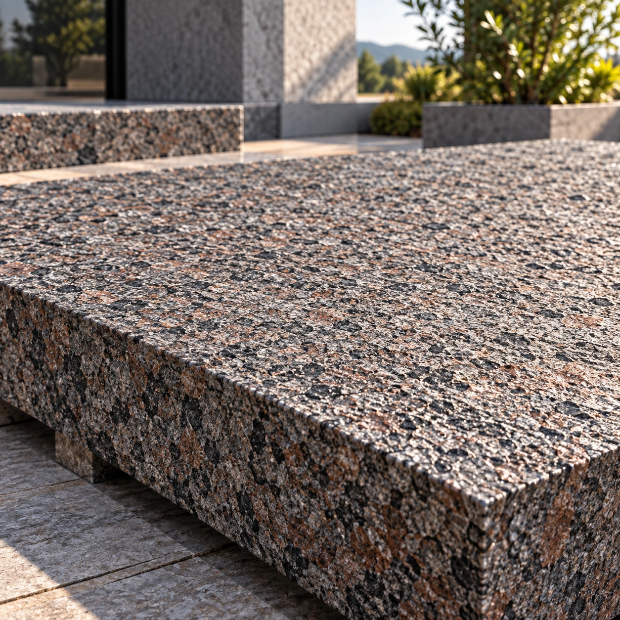 Flamed finish on granite — rough, grippy surface