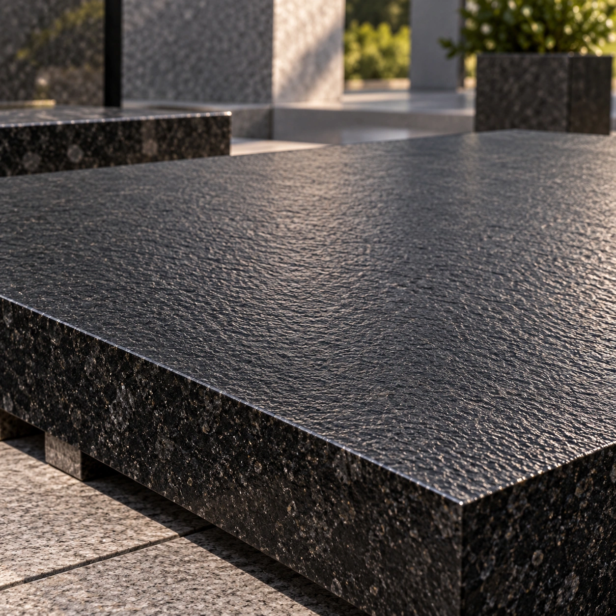 Leather finish on granite — soft sheen surface