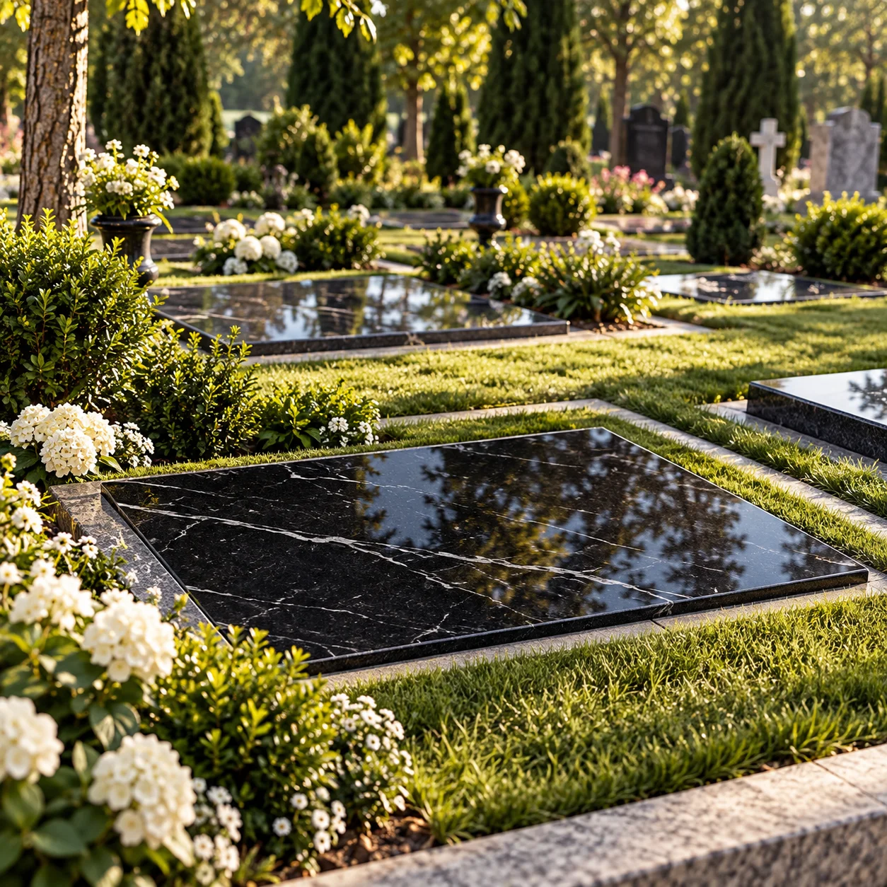 Flat granite grave marker laid flush with the turf