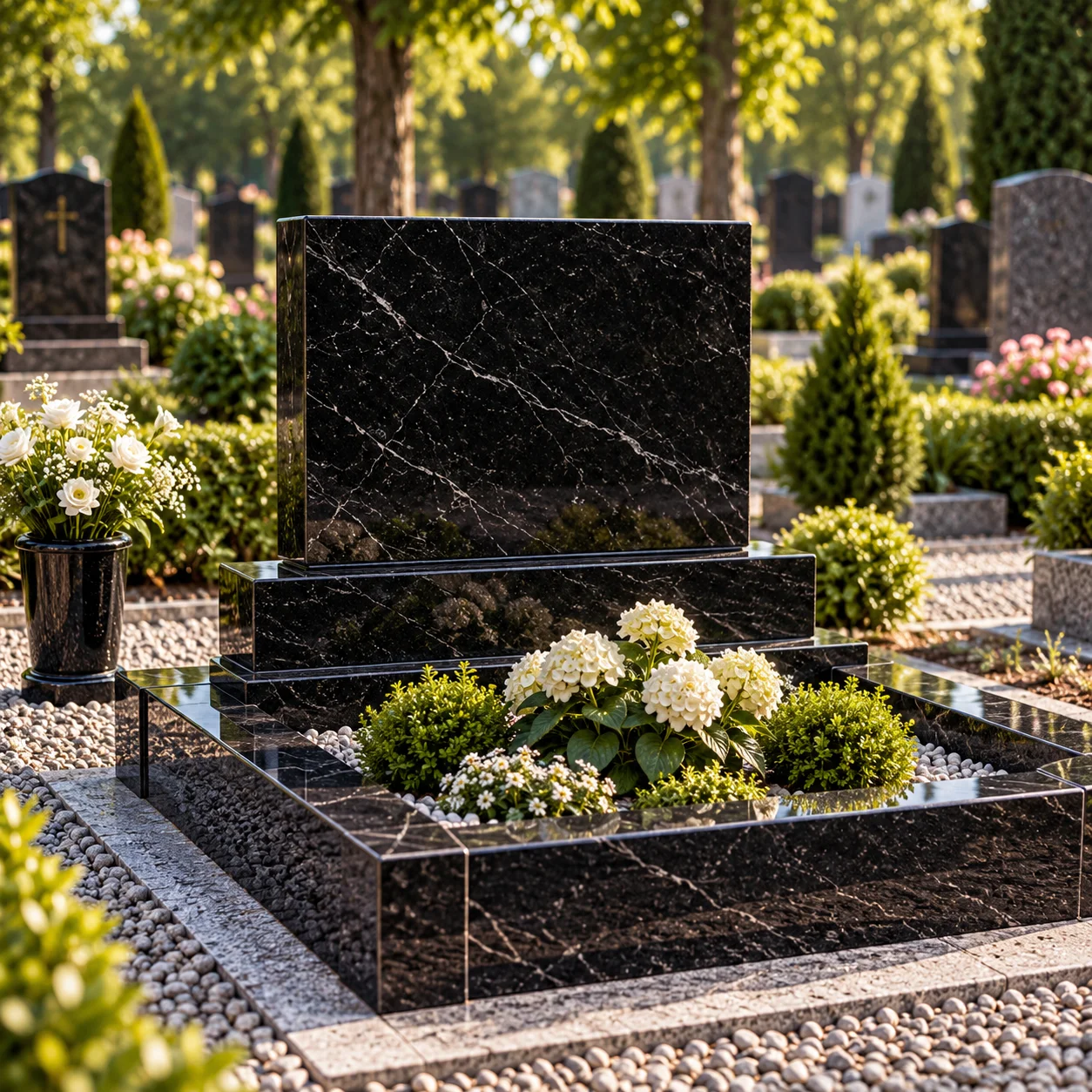 Flat top granite headstone with square head and shoulders on a base