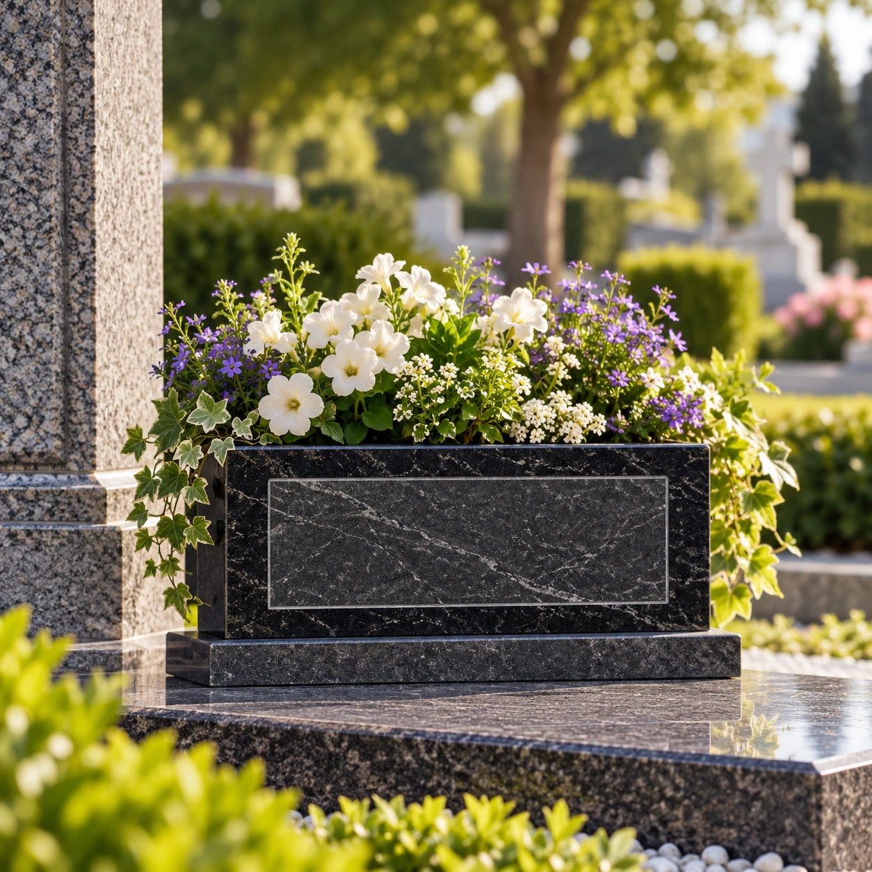 Rectangular granite flower box cut to kerb width with drainage holes