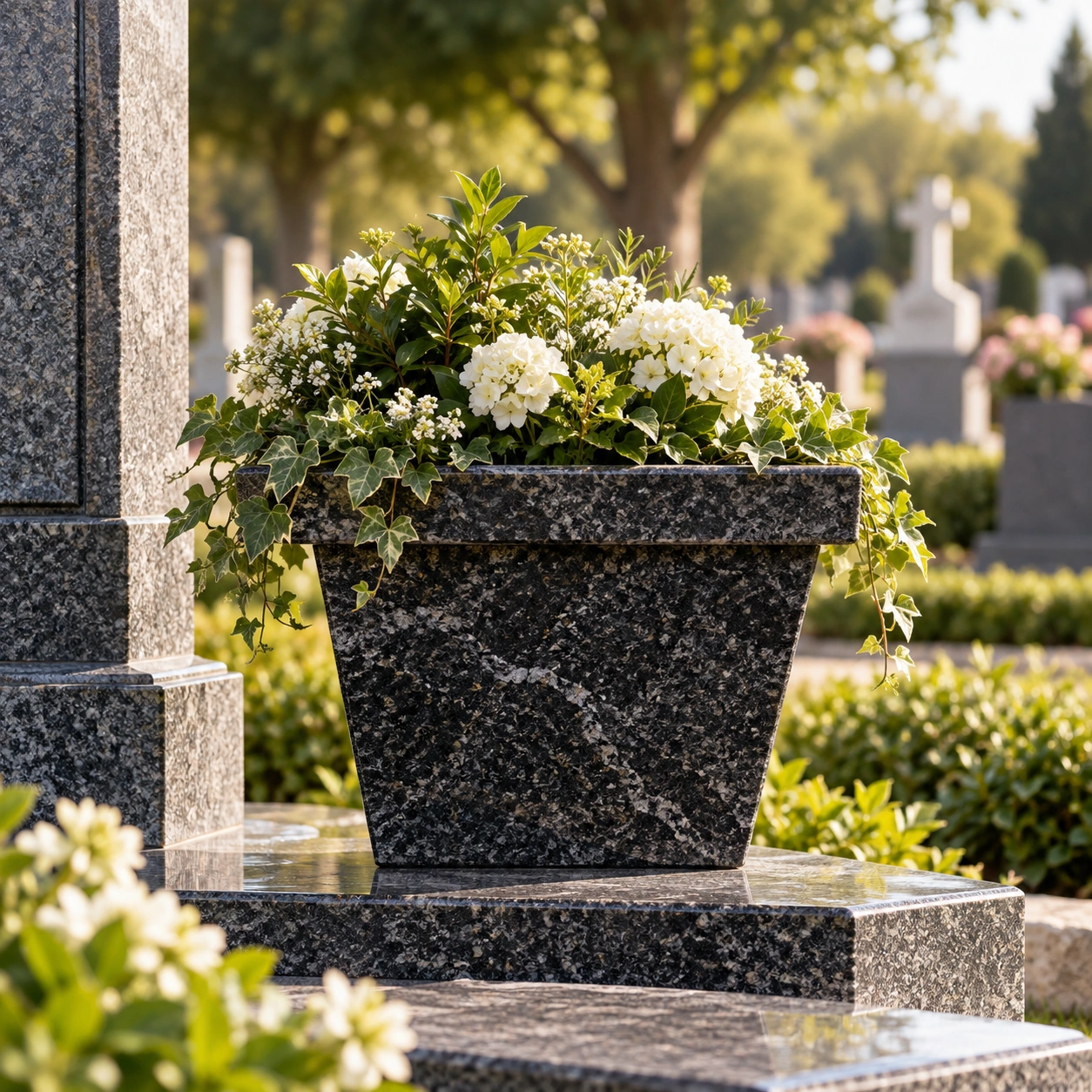 Open granite flowerpot for a grave plot