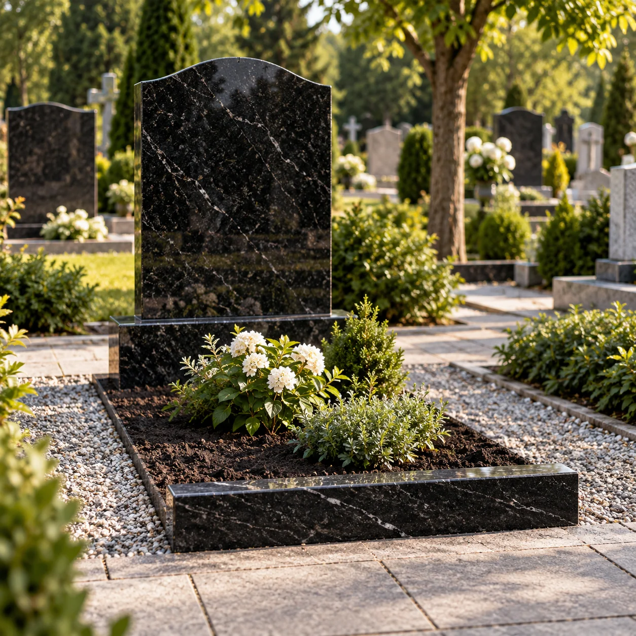 Single granite foot kerb laid at the end of a grave plot