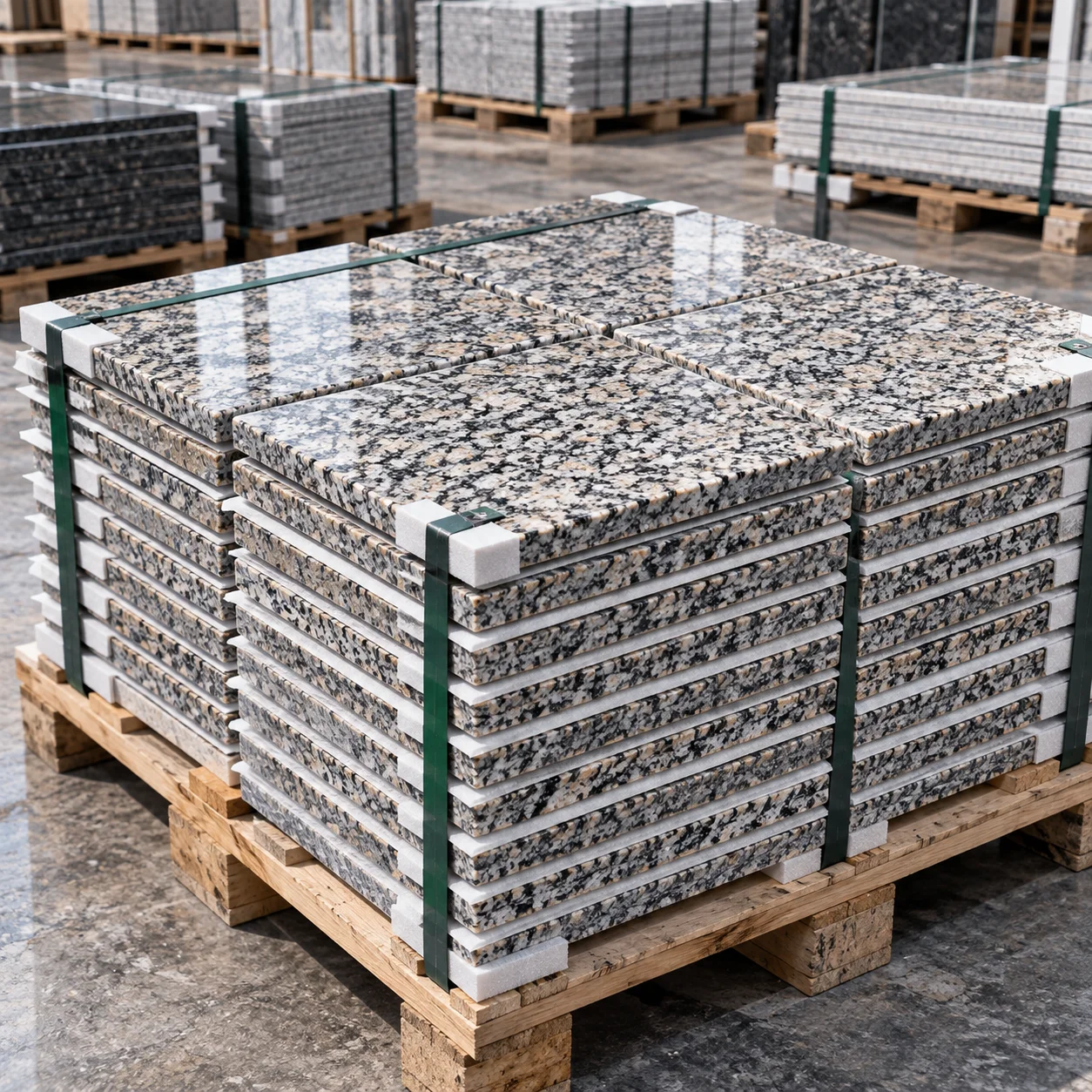 Calibrated granite tiles packed face to face