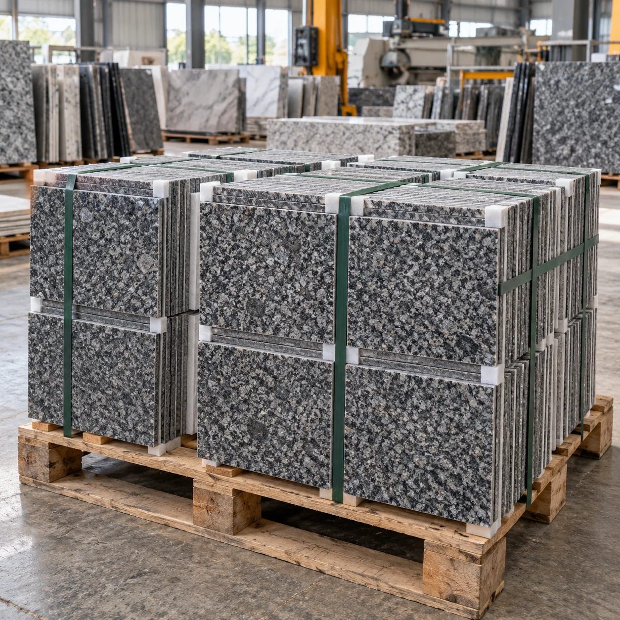 Calibrated granite tiles packed face to face