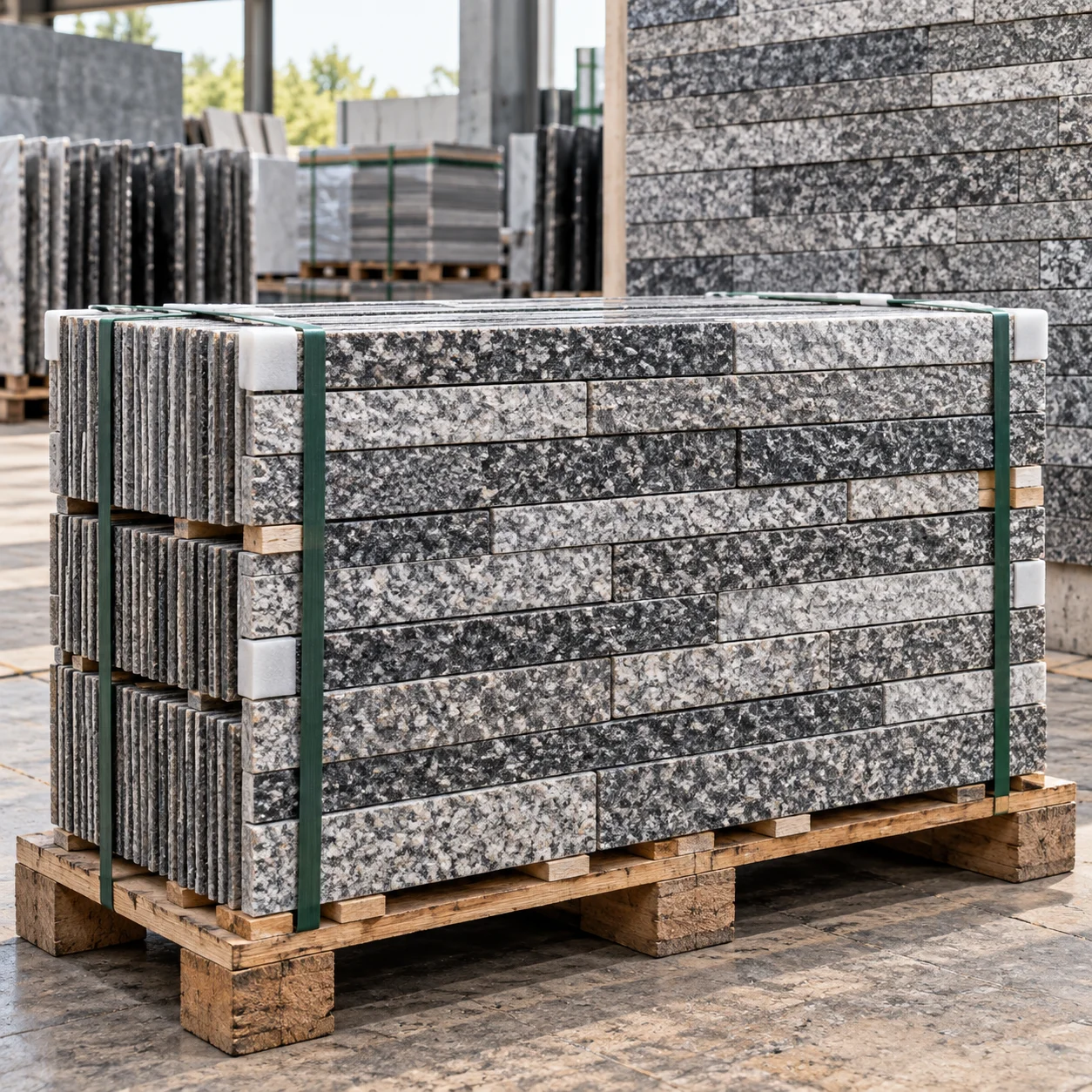 Granite ledger cladding strips bonded into panels