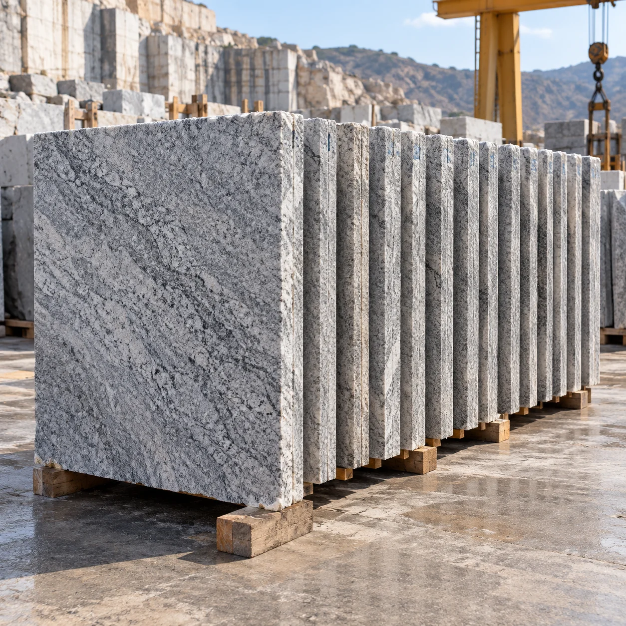 Granite gangsaw slabs stacked in sequence