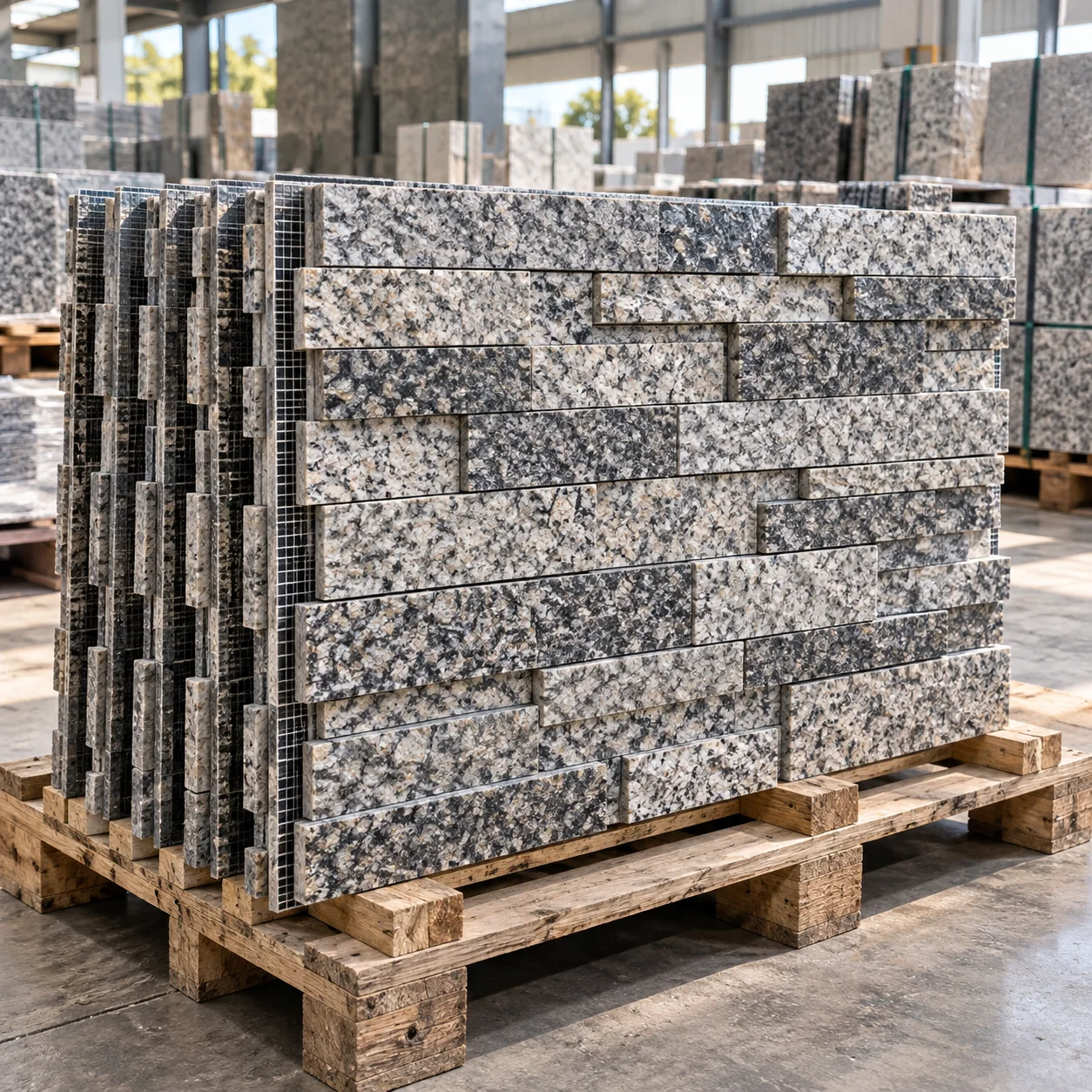 Mesh-backed granite cladding panels