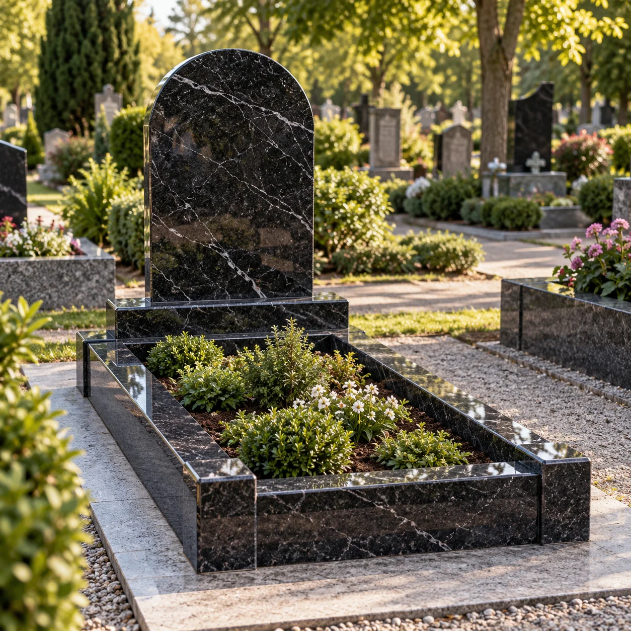 Full granite kerb set with head, side and foot kerbs framing a grave, with headstone