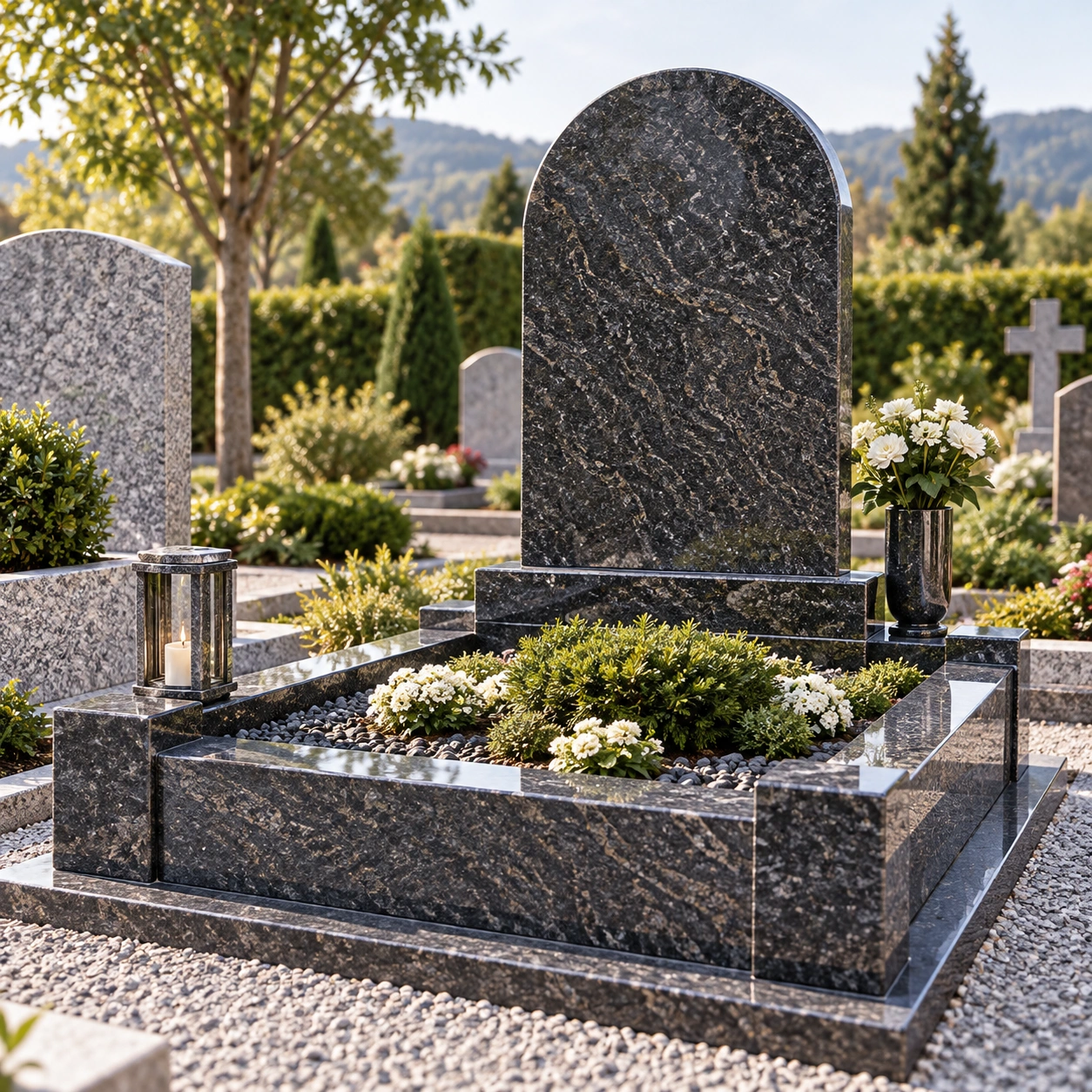 German and Austrian memorial style in granite — upright with kerb surround