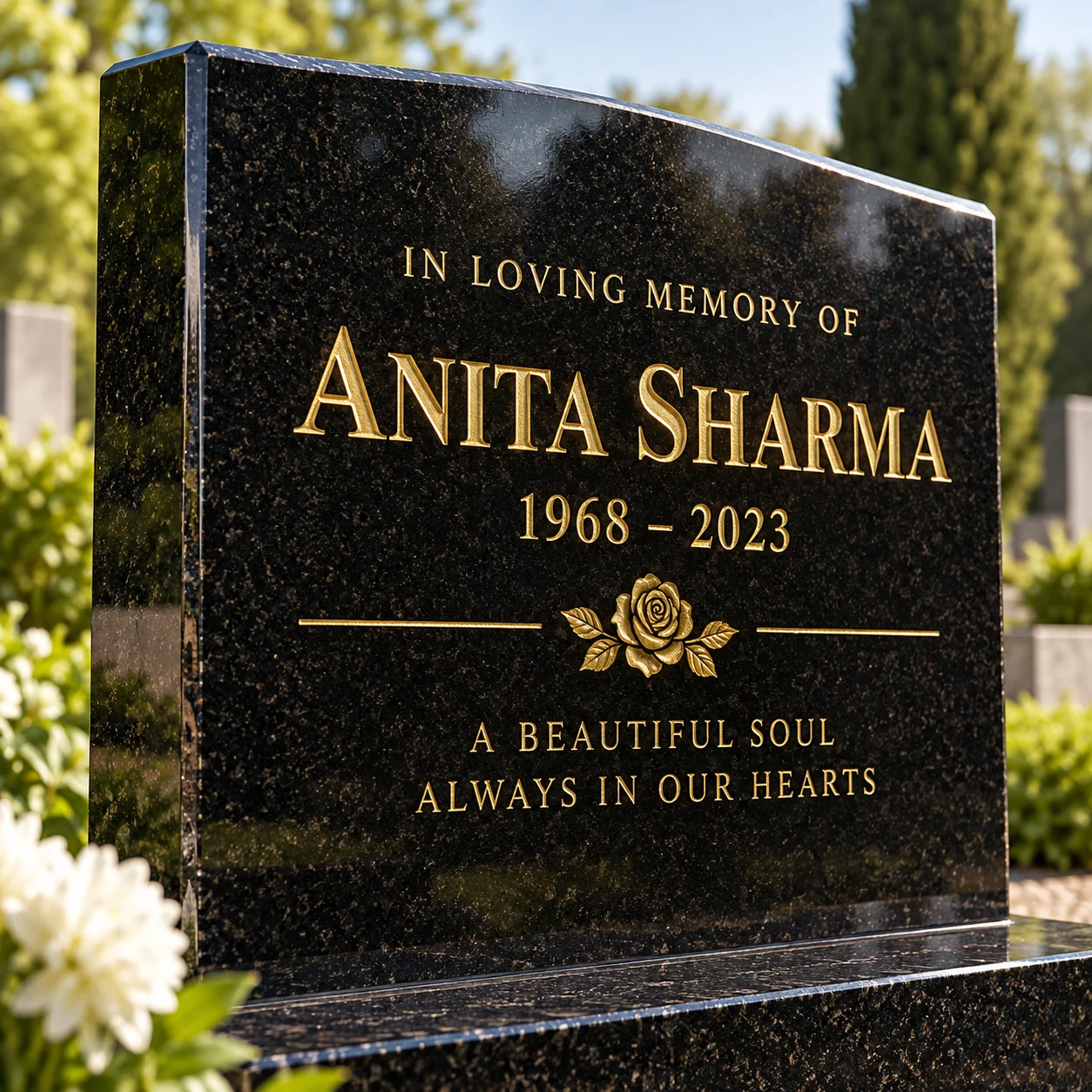 Gilded gold leaf lettering on a polished granite memorial