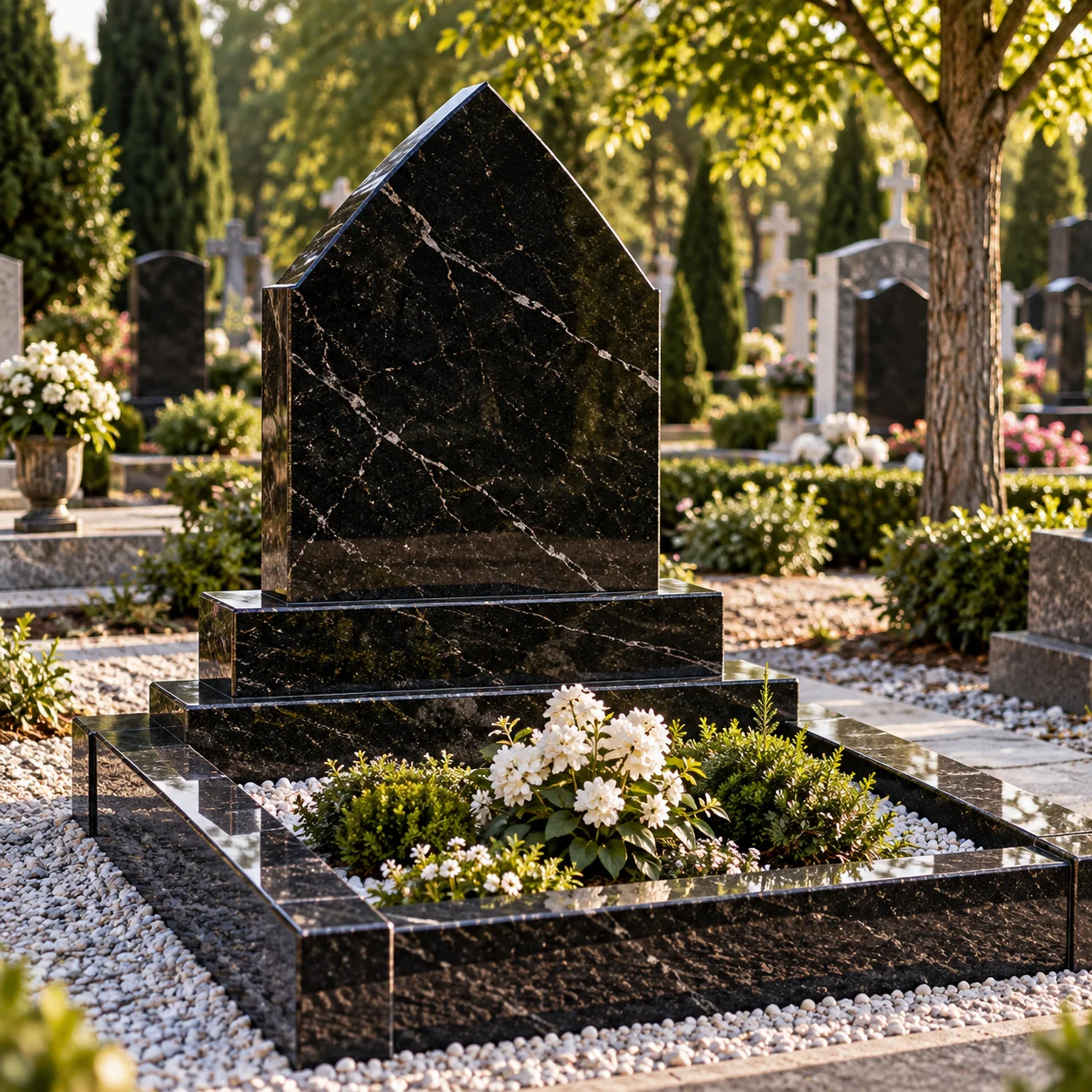 Gothic top granite headstone with a pointed arch head on a base