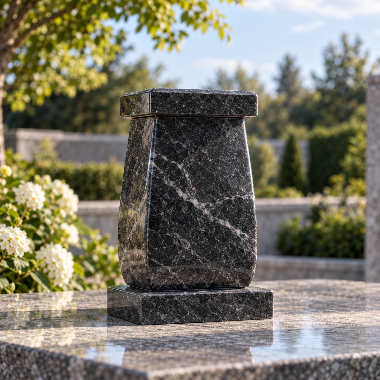 Polished granite cremation urn with a sealed base plate