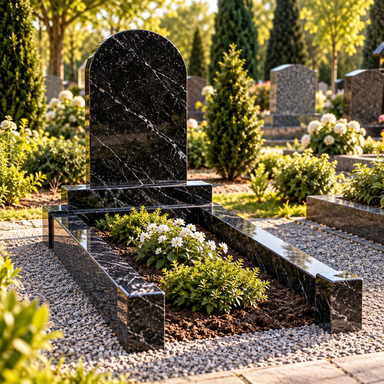 Half granite kerb set with head and side kerbs, open at the foot of the grave